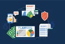 Illustration of financial planning elements a phone with dollar sign, cash, budget chart, receipt, calculator, and shield, suggesting budgeting and security.
