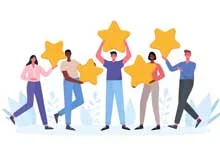 Illustration of five diverse people holding large yellow stars, smiling and standing in a row. The background features light abstract foliage shapes.
