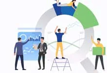 Illustration of four people analyzing data. One points to a chart, another holds a document, one climbs a ladder, and two sit on a pie chart segment.
