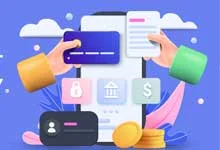 Illustration of online banking on a smartphone with hands holding a credit card and cash. Icons of lock, bank, and dollar sign are displayed; coins are in the foreground with an ecommerce theme