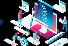 Illustration of people working on a large computer displaying code. Surroundings include gears, a wrench, and symbols, highlighting teamwork and technology.