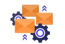 Illustration of three orange envelopes with blue gears and arrows, symbolizing email automation and communication technology. Bright and dynamic design.