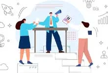 Illustration of three people collaborating around a table. One speaks through a megaphone. Background includes tech and idea symbols, conveying teamwork.