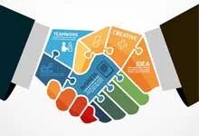 Illustration of two hands shaking, made of interlocking colorful puzzle pieces. Keywords like Teamwork, Creative, and Idea are visible. Represents collaboration.