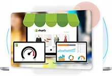 Image of a Shopify dashboard on a screen with data graphs and speedometer, suggesting e-commerce analytics and performance overview. A green awning decorates the top.