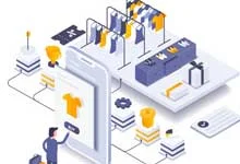 Isometric illustration of online shopping, featuring a person browsing clothing on a smartphone. Displays racks of clothes, boxes, and a parcel.