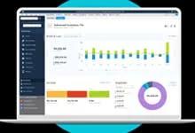 Laptop displaying a financial dashboard with colorful graphs, charts, and data visualizations. Features bar graphs and a pie chart, conveying an analytical tone.