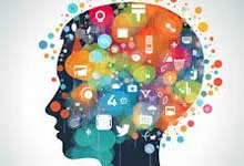 Silhouette of a head filled with colorful bubbles and digital app icons, symbolizing creativity and technology. Bright, dynamic, and modern tone.