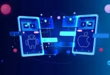 Two glowing digital smartphones display Android and Apple logos, connected by a futuristic network of neon lines and circles, symbolizing tech communication.
