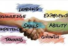 Two hands shake in the center, surrounded by the words Learning, Experience, Ability, Growth, Skills, Competence, Knowledge, and Training, symbolizing collaboration.