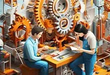 Two people work intently at a table surrounded by large, interconnected gears and mechanical parts in orange and white color. The scene conveys collaboration and focus in an industrial setting.
