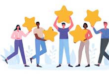 animated three guys with two women all wearing colorful clothing and have golden stars in their hands